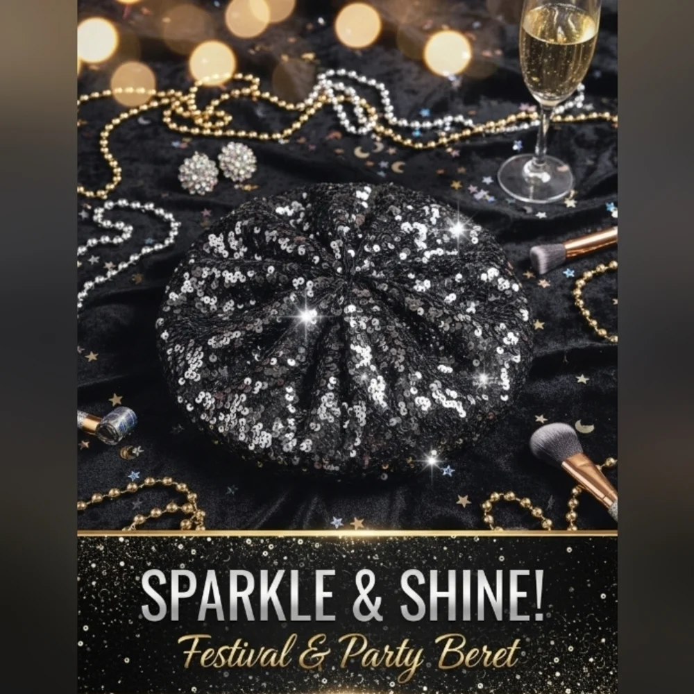 Black Sequin Beret Fitted Small Sparkle - Picture 1 of 8